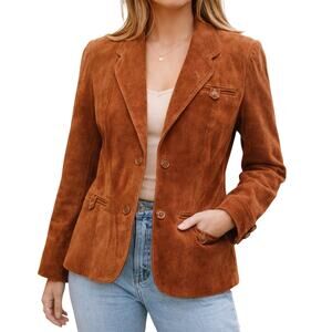 Vintage 70s Women’s XS Brown Suede Leather Jacket Button Front Blazer